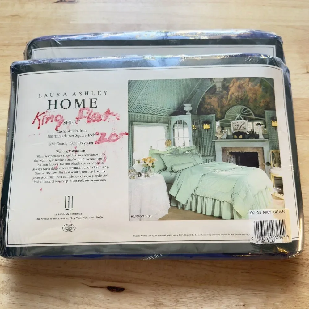 Laura Ashley Salon Navy Vintage Cotton No-Iron 1991 KING Sheets Flat Fitted NEW‎